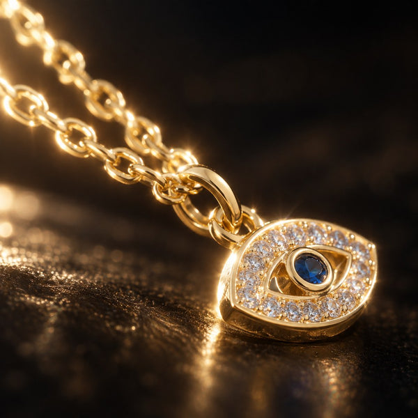 Gold Pave Evil Eye Necklace – Detail of pave CZ lids, openwork almond eye and gold cable