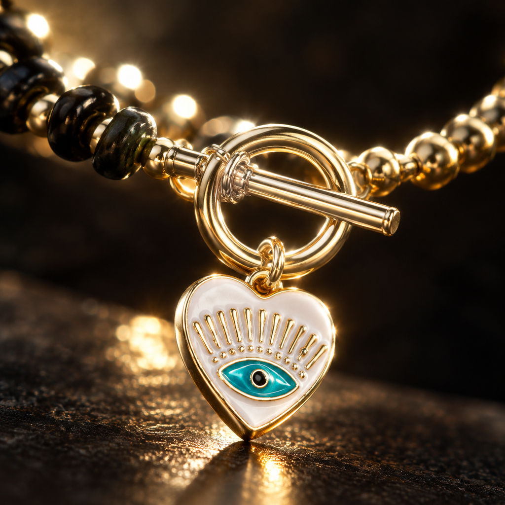 Gold Plated Copper Black and Purple Evil Eye Toggle Bracelet - Black Heart Eye - bead detail