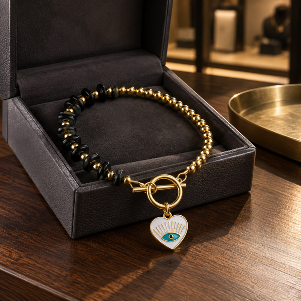 Gold Plated Copper Black and Purple Evil Eye Toggle Bracelet - Black Heart Eye - styled lifestyle