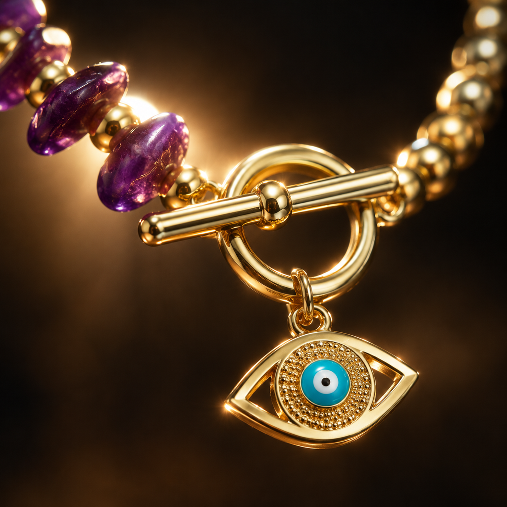 Gold Plated Copper Black and Purple Evil Eye Toggle Bracelet - Purple Paved Eye - bead detail