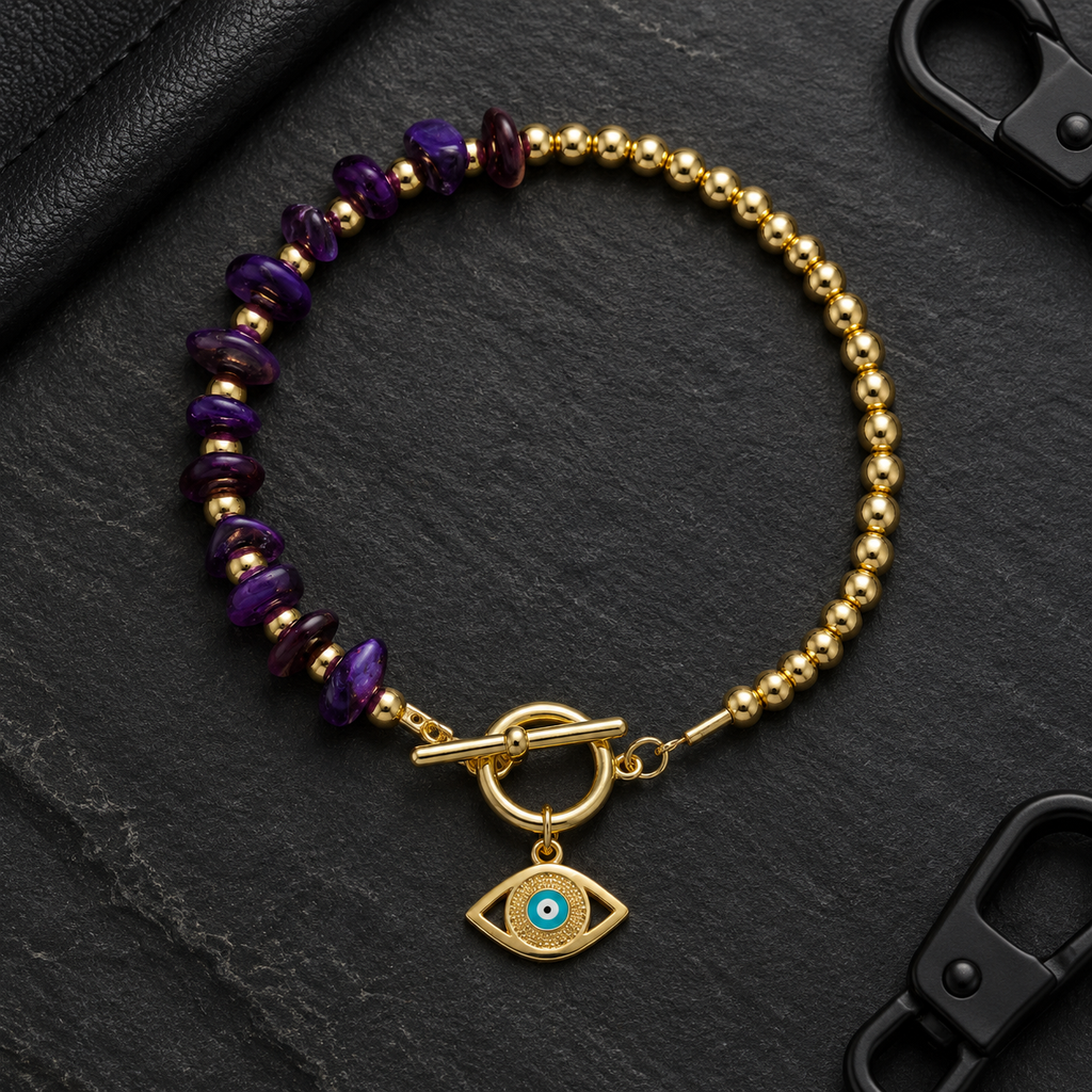 Gold Plated Copper Black and Purple Evil Eye Toggle Bracelet - Purple Paved Eye - flat lay
