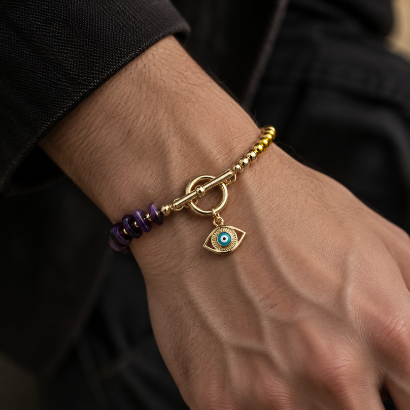 Gold Plated Copper Black and Purple Evil Eye Stone Toggle Bracelet for Women Zweitbild