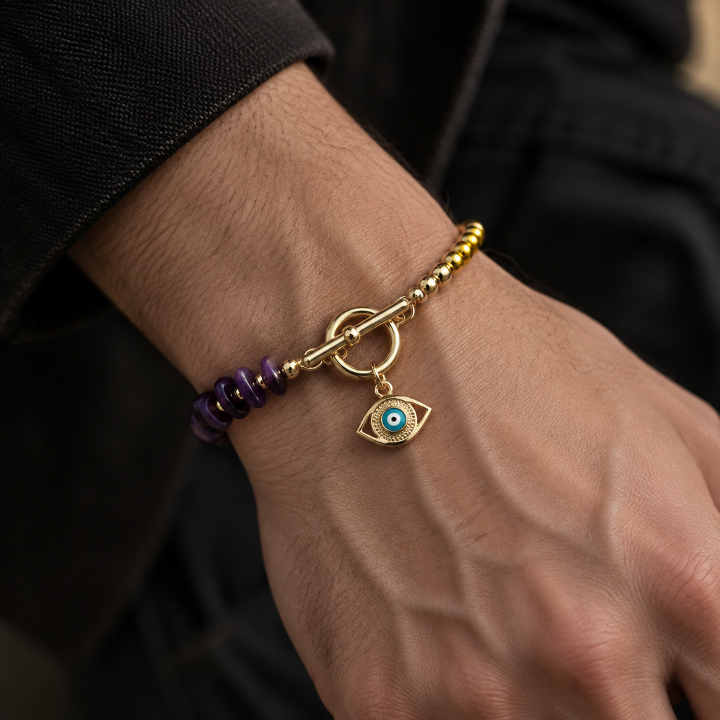 Gold Plated Copper Black and Purple Evil Eye Toggle Bracelet - Purple Paved Eye - worn close up