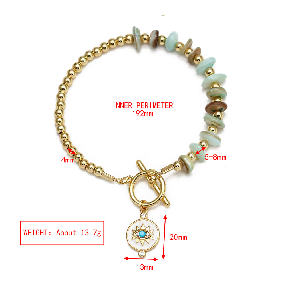 Gold Plated Copper Black and Purple Evil Eye Toggle Bracelet - Round - detail guide