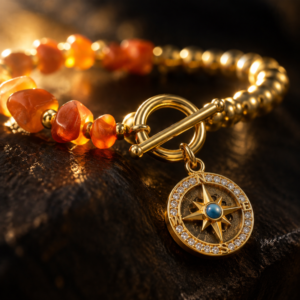 Gold Plated Copper Evil Eye Toggle Bracelet - Compass - bead detail