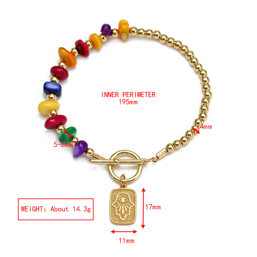 Gold Plated Copper Evil Eye Toggle Bracelet - Green Eye Bead - detail guide