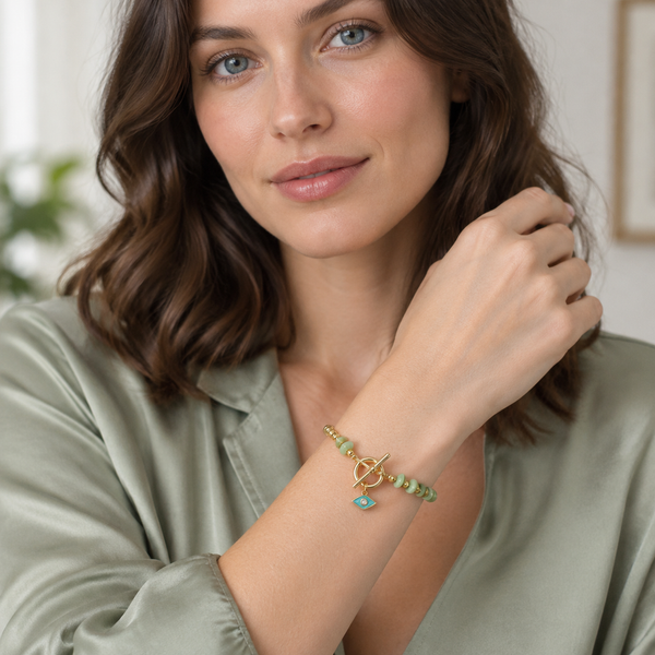 Gold Plated Copper Evil Eye Toggle Bracelet - Green Eye Bead - front view