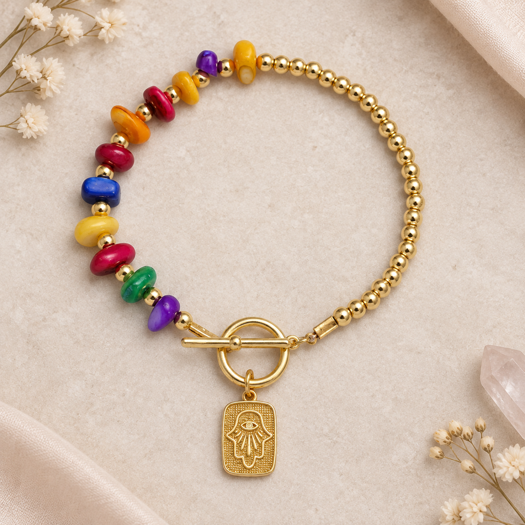 Gold Plated Copper Evil Eye Toggle Bracelet - Hamsa Eye Bead - flat lay