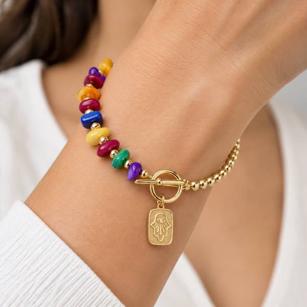 Gold Plated Copper Evil Eye Toggle Bracelet - Hamsa Eye Bead - worn close up