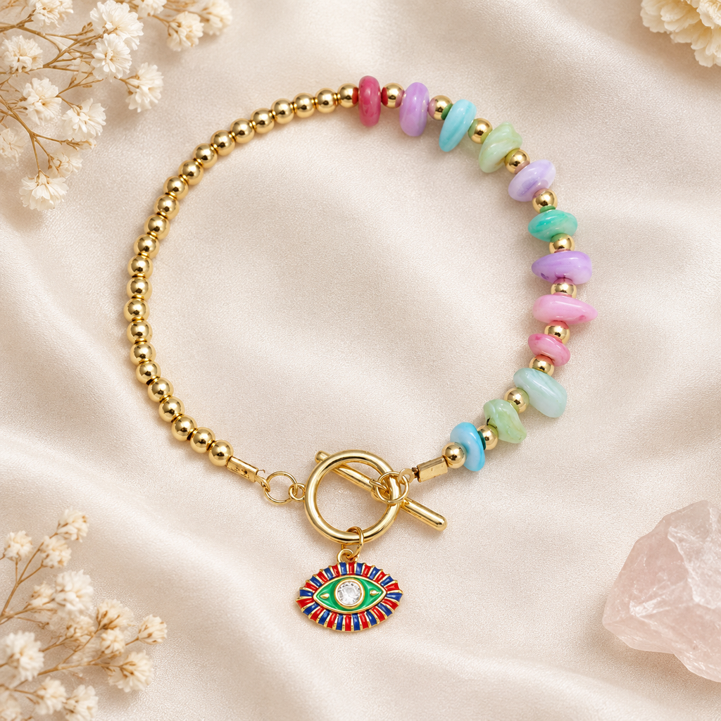 Gold Plated Copper Evil Eye Toggle Bracelet - Pastel Evil Eye - flat lay