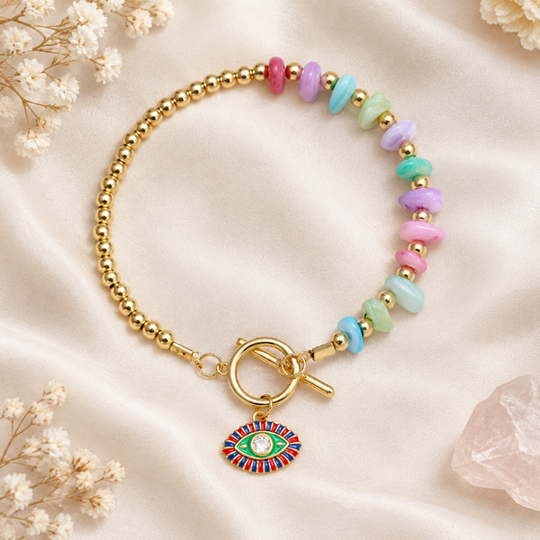 Gold Plated Copper Evil Eye Toggle Bracelet - Pastel Evil Eye - flat lay