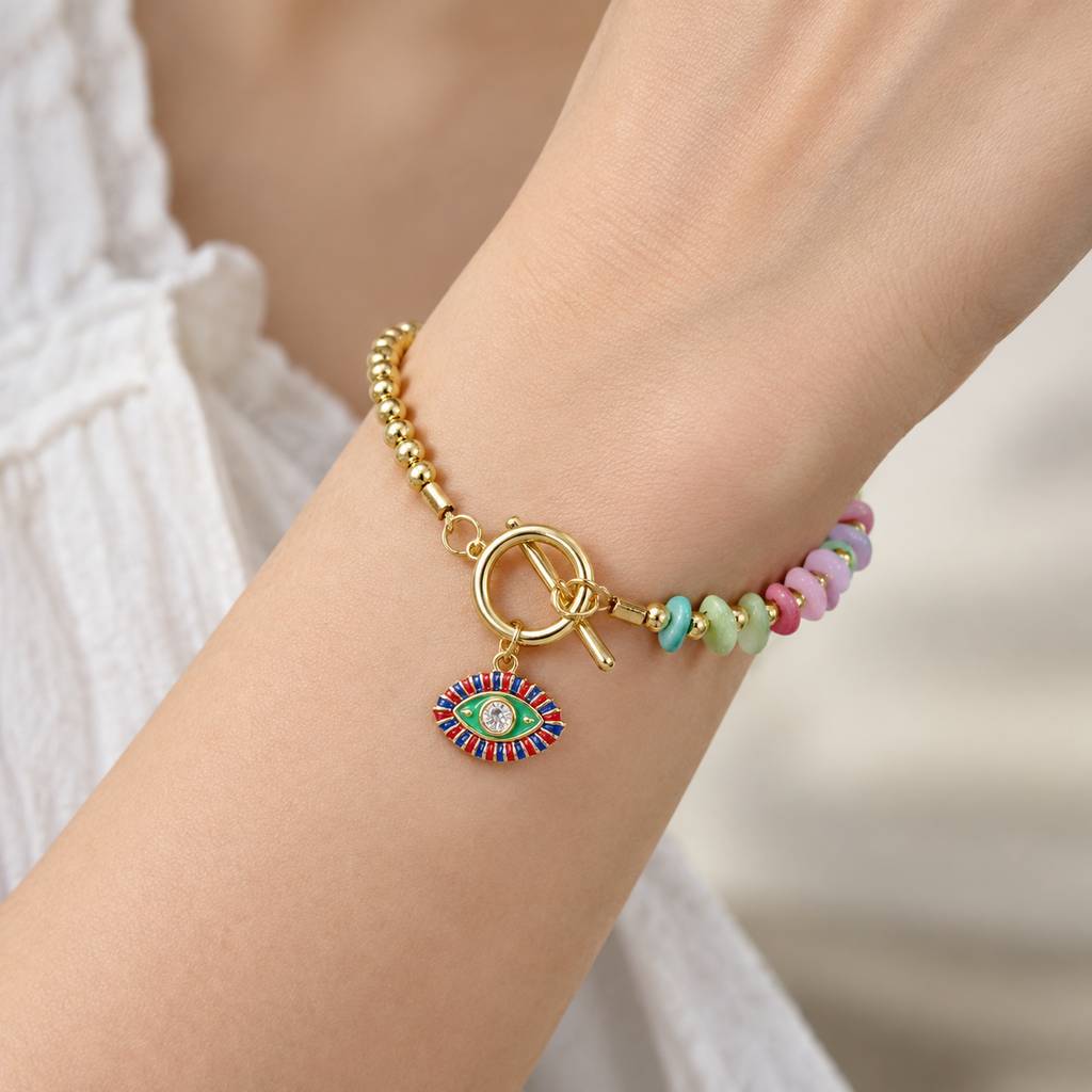 Gold Plated Copper Evil Eye Toggle Bracelet - Pastel Evil Eye - worn close up
