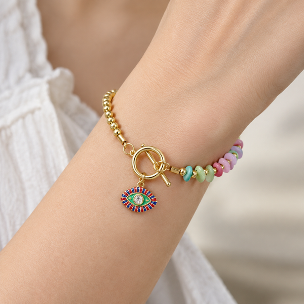 Gold Plated Copper Evil Eye Toggle Bracelet - Pastel Evil Eye - worn close up