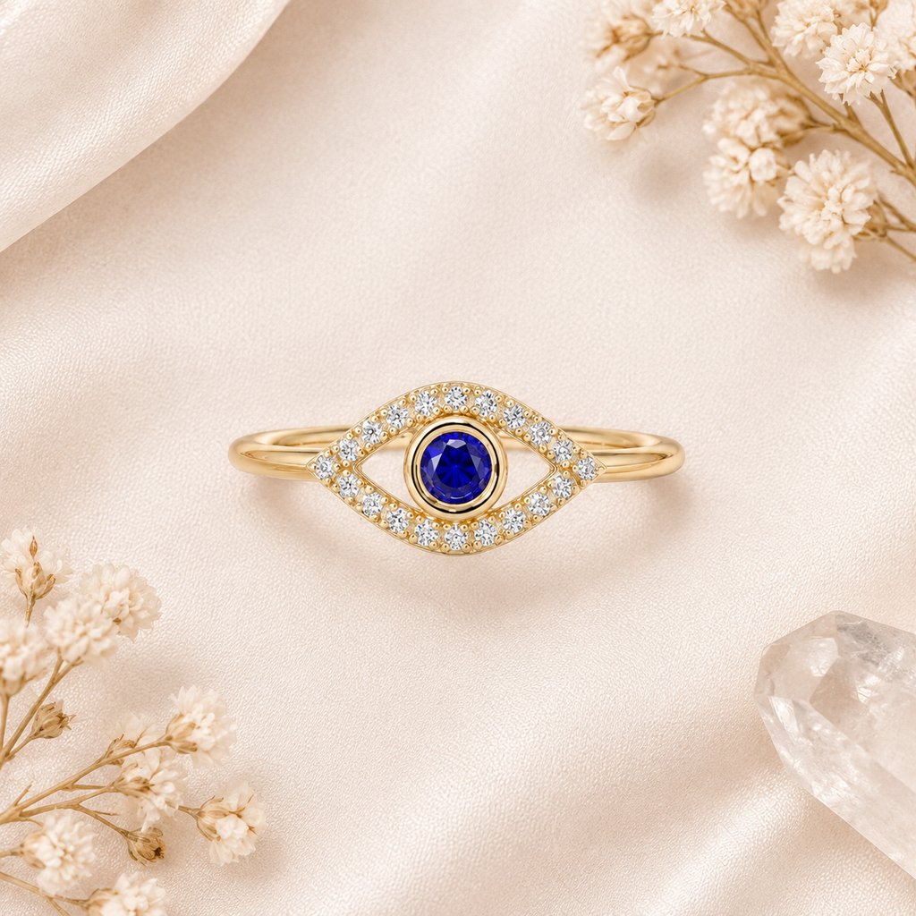 Gold Plated Evil Eye Adjustable Ring for Women - flat lay