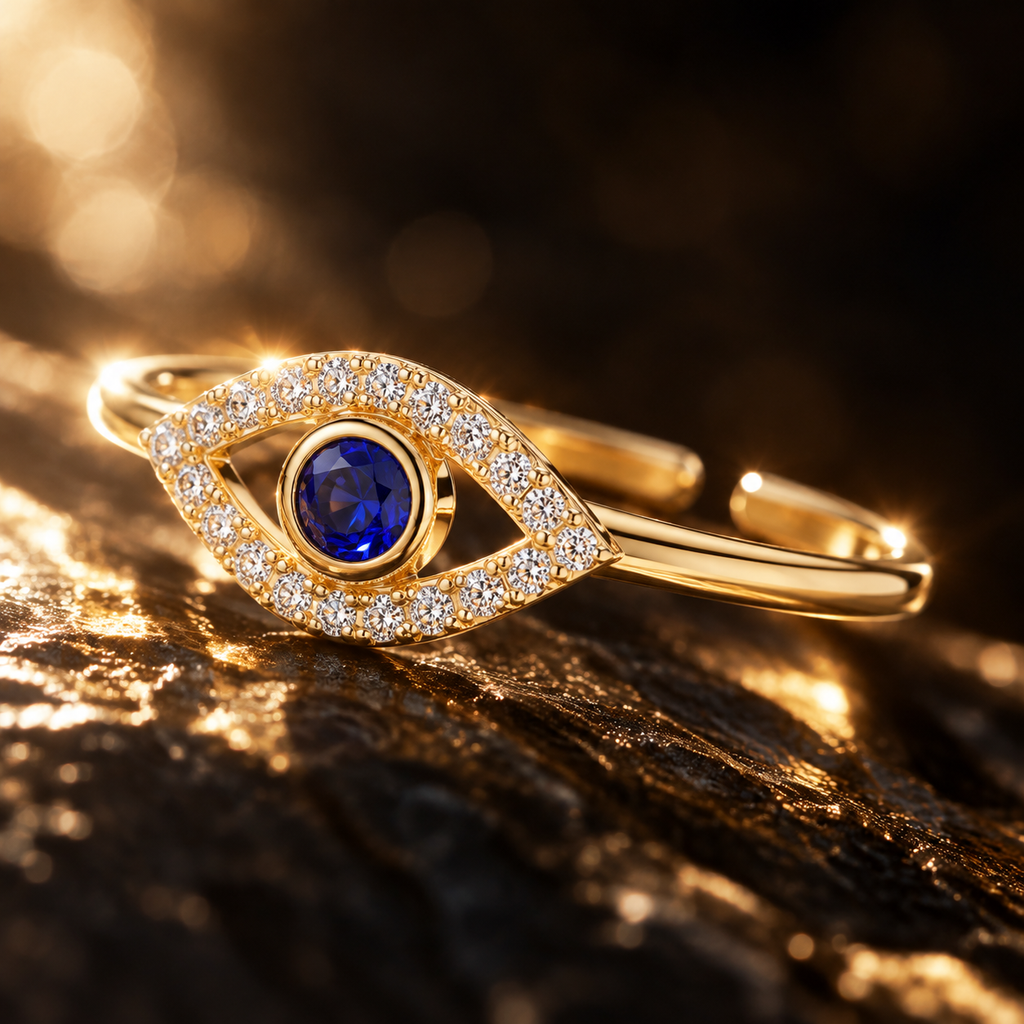 Gold Plated Evil Eye Adjustable Ring for Women - pave detail