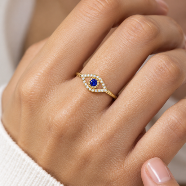 Gold Plated Evil Eye Adjustable Ring for Women - worn close up