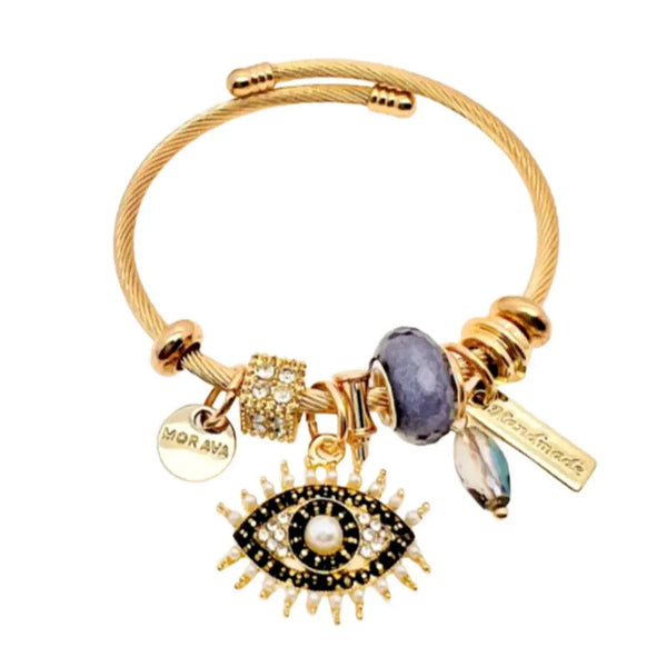 Gold Plated Stainless Steel Evil Eye Open Cuff Bracelet - Black
