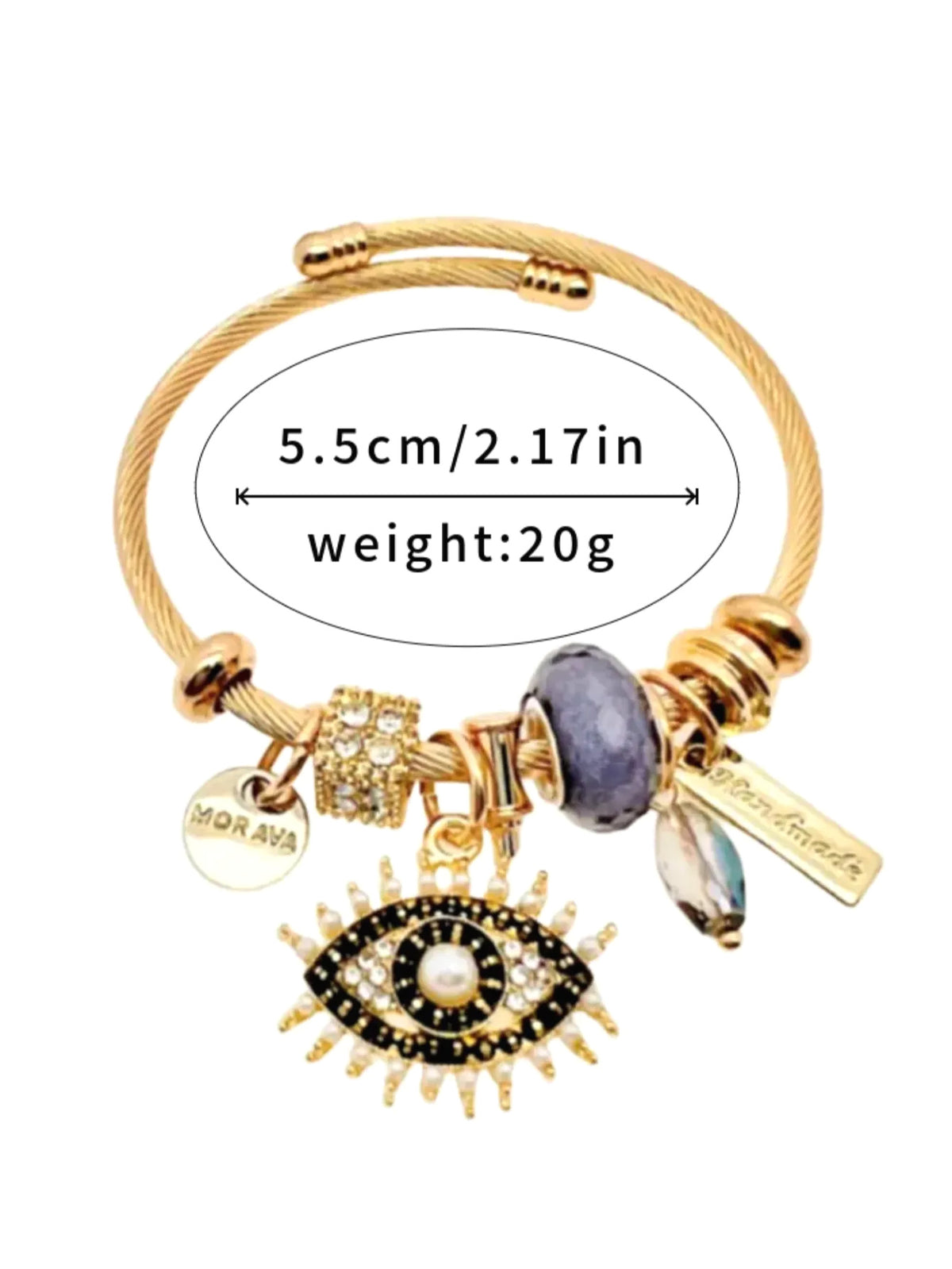 Gold Plated Stainless Steel Evil Eye Open Cuff Bracelet - design detail