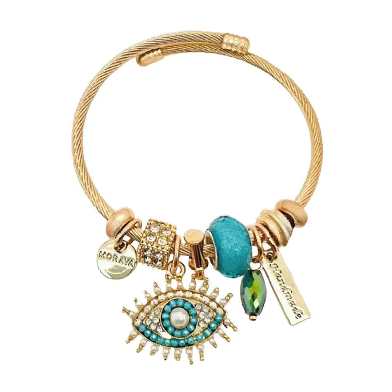 Gold Plated Stainless Steel Evil Eye Open Cuff Bracelet - Lake Blue