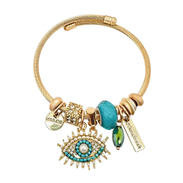 Gold Plated Stainless Steel Evil Eye Open Cuff Bracelet - Lake Blue
