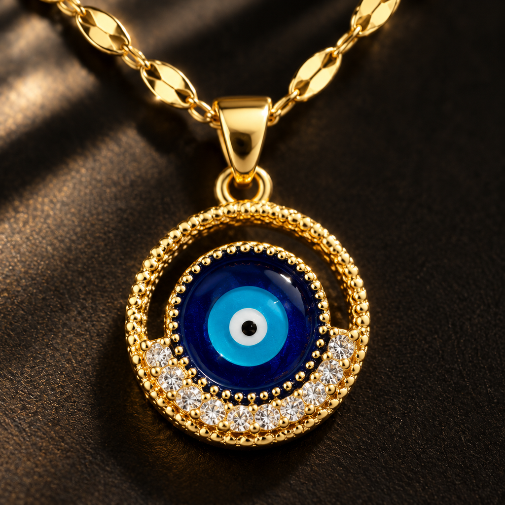 Gold Plated Copper Blue Evil Eye Pendant Necklace - detail 1