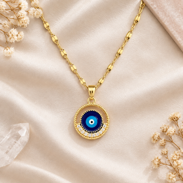 Gold Plated Copper Blue Evil Eye Pendant Necklace - flat lay