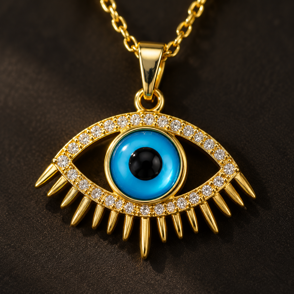 Gold Plated Copper Blue Evil Eye Lash Necklace - detail 1