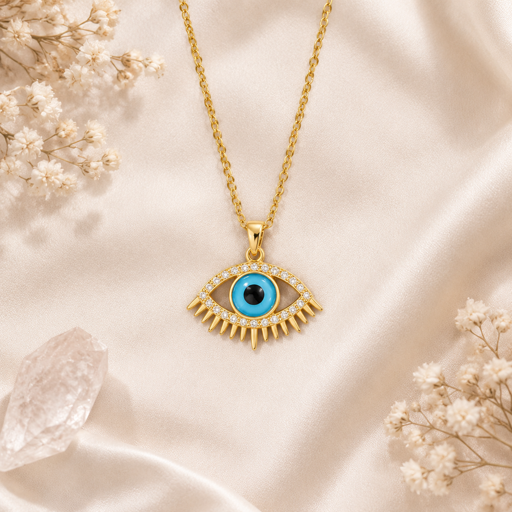 Gold Plated Copper Blue Evil Eye Lash Necklace - flat lay