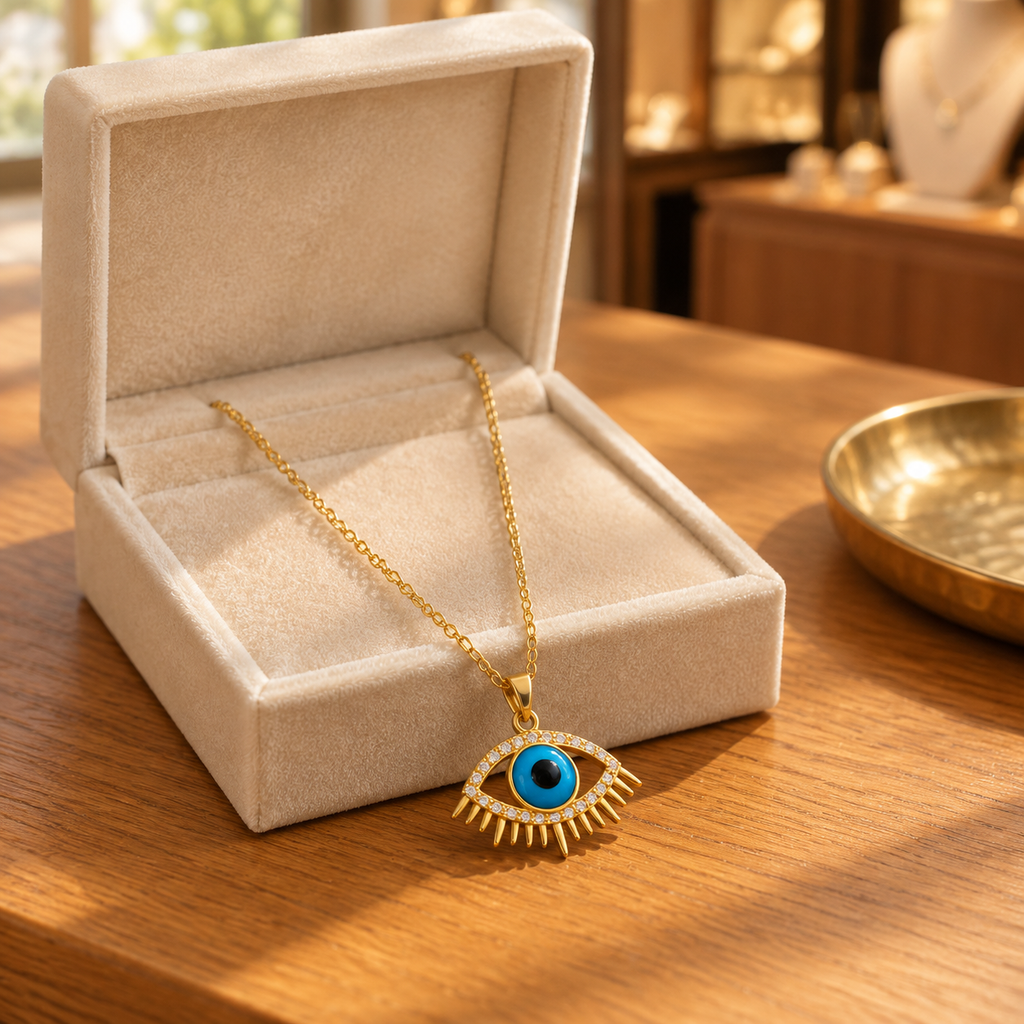 Gold Plated Copper Blue Evil Eye Lash Necklace - lifestyle