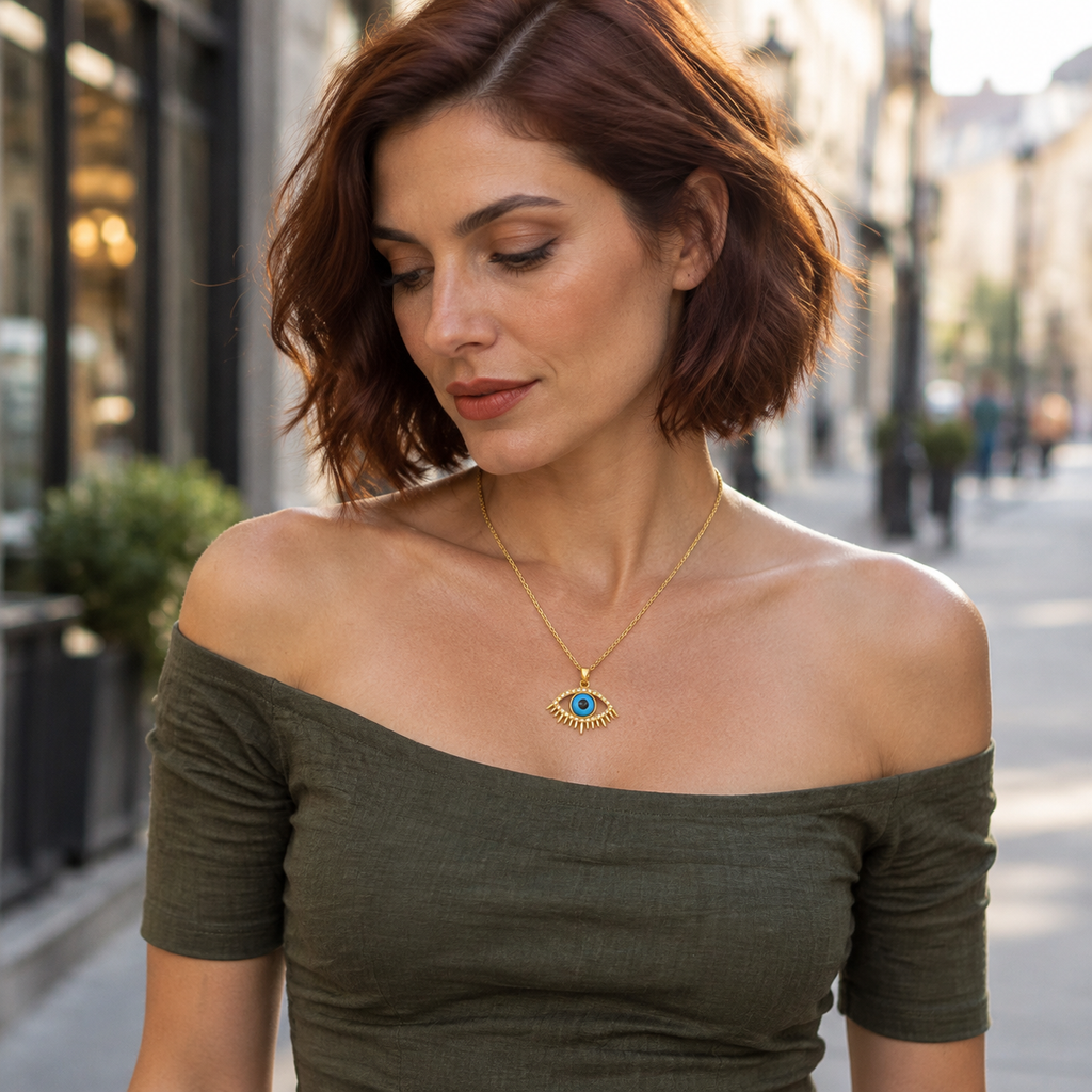 Gold Plated Copper Blue Evil Eye Lash Necklace - model angle