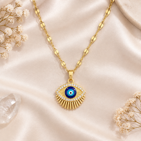 Gold Plated Copper Eye Sunray Pendant Necklace - flat lay