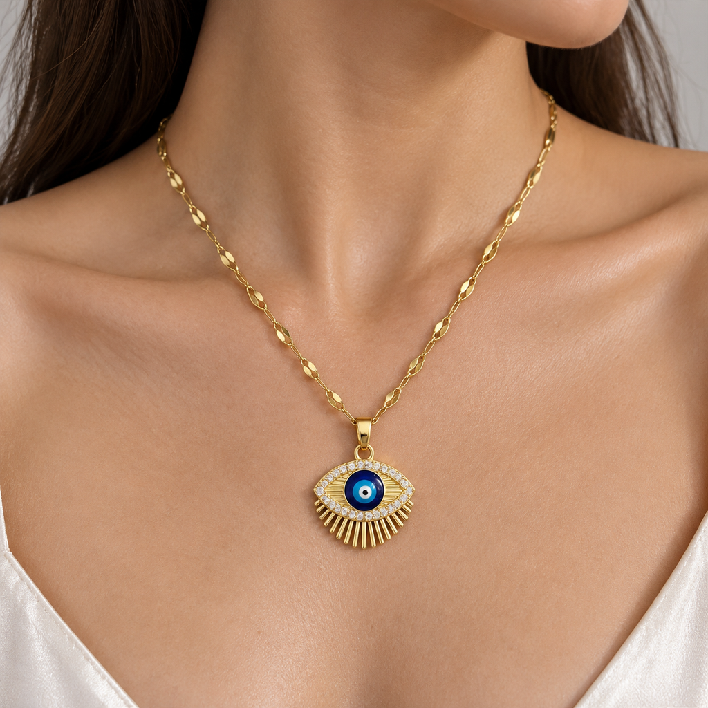 Gold Plated Copper Eye Sunray Pendant Necklace - wear closeup