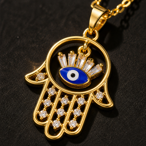 Gold Plated Copper Hamsa Blue Evil Eye Necklace - detail 1