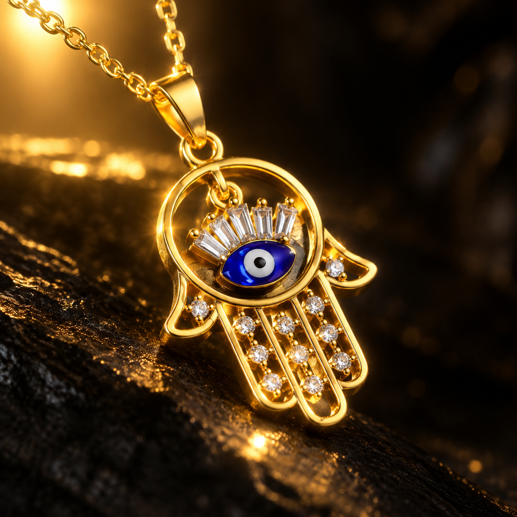 Gold Plated Copper Hamsa Blue Evil Eye Necklace - detail 2