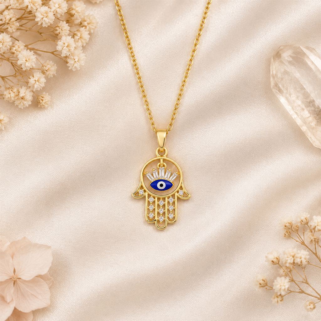 Gold Plated Copper Hamsa Blue Evil Eye Necklace - flat lay