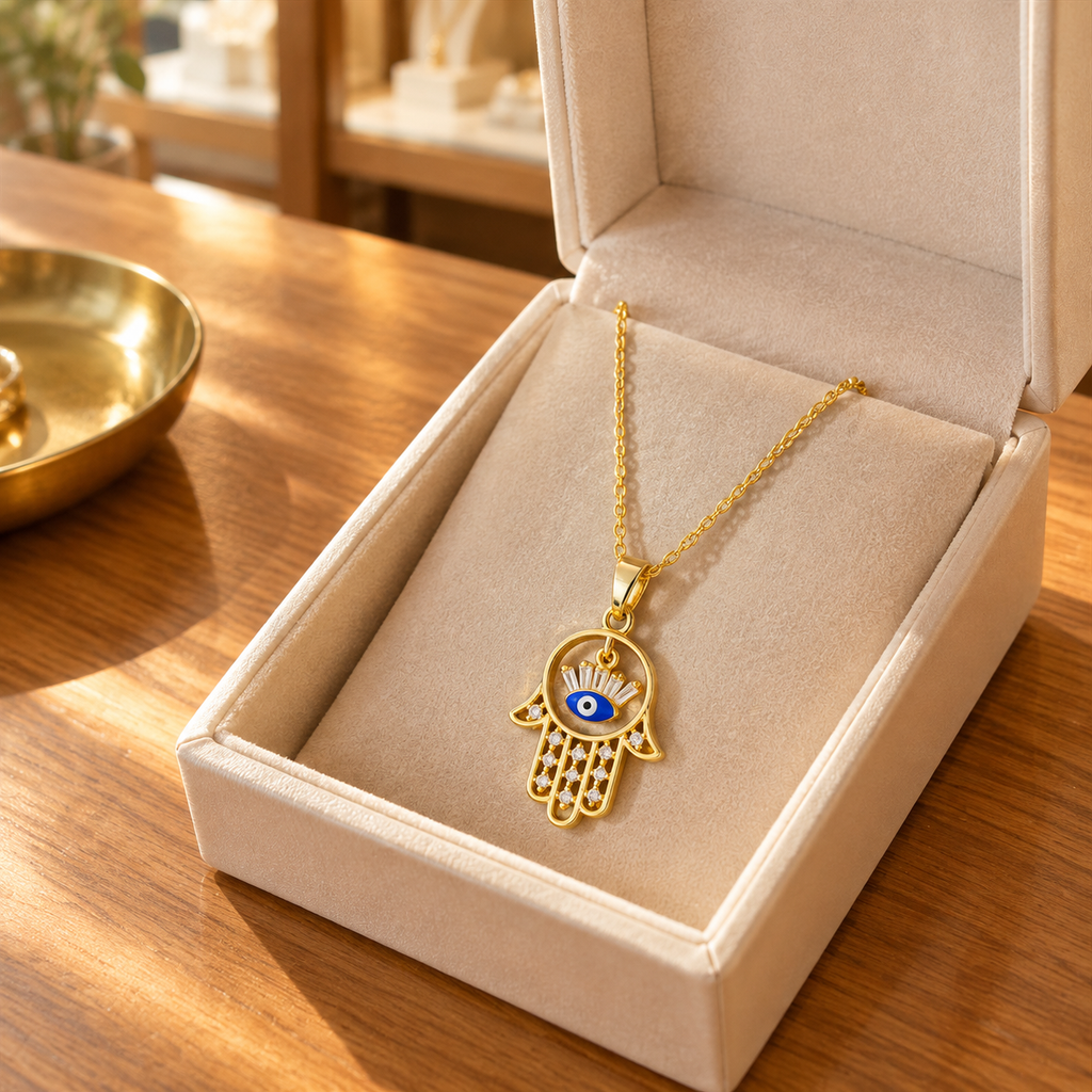 Gold Plated Copper Hamsa Blue Evil Eye Necklace - lifestyle