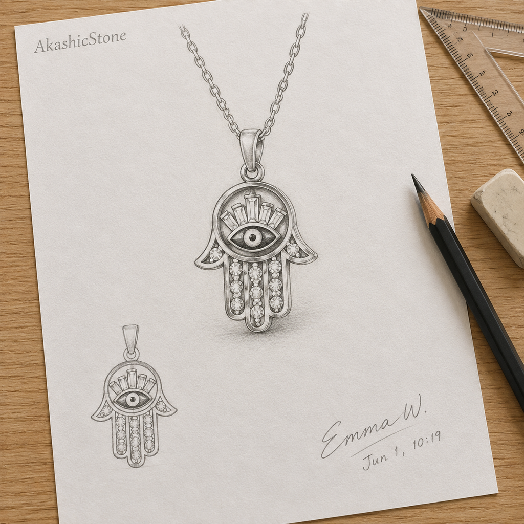 Gold Plated Copper Hamsa Blue Evil Eye Necklace - line art