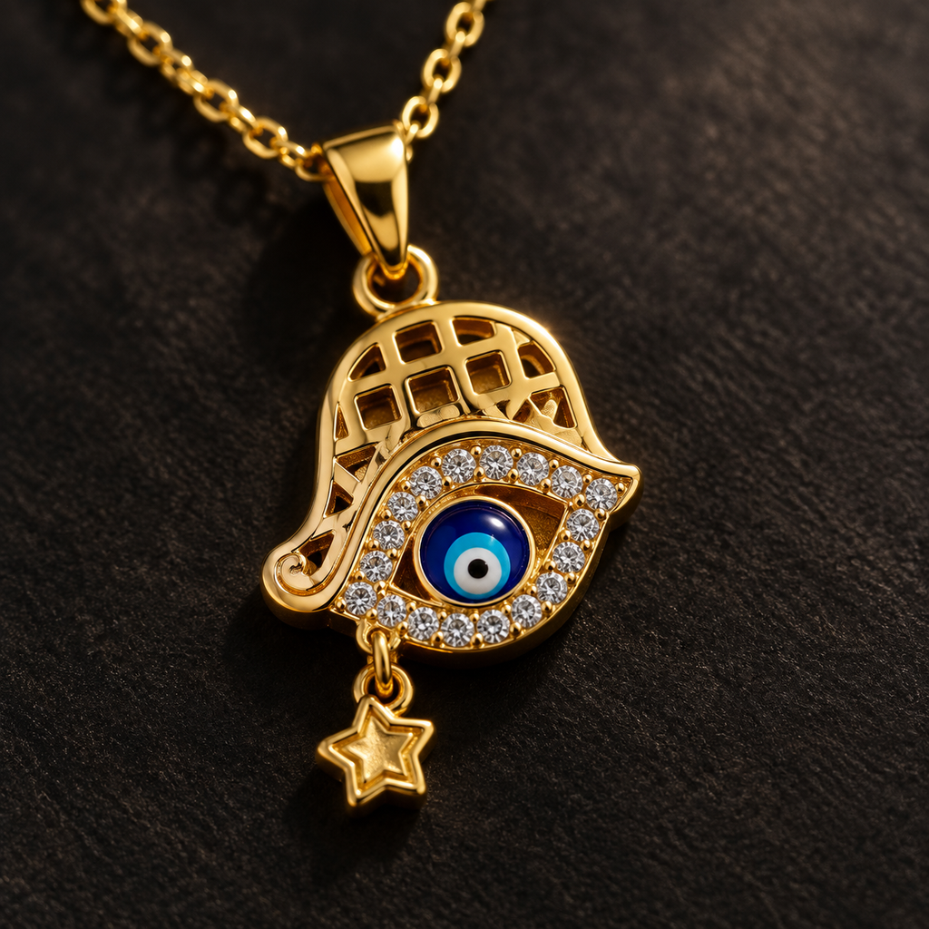 Gold Plated Copper Hamsa Blue Eye Star Necklace - detail 1
