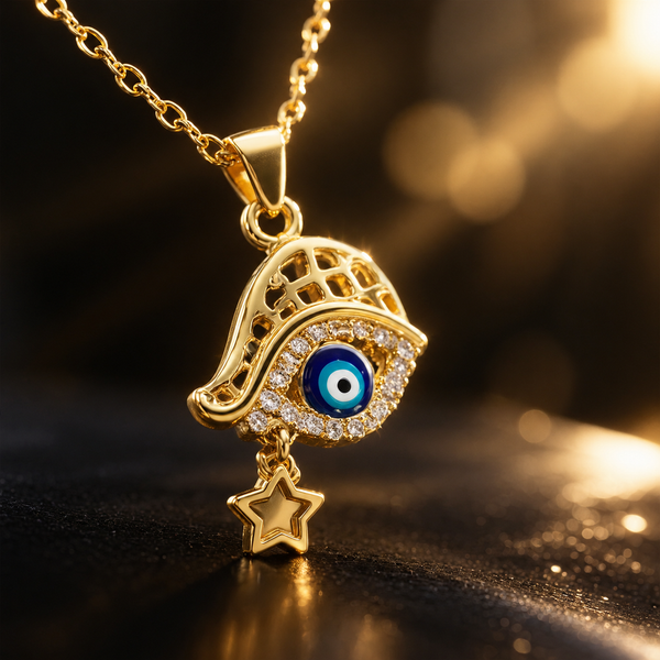 Gold Plated Copper Hamsa Blue Eye Star Necklace - detail 2