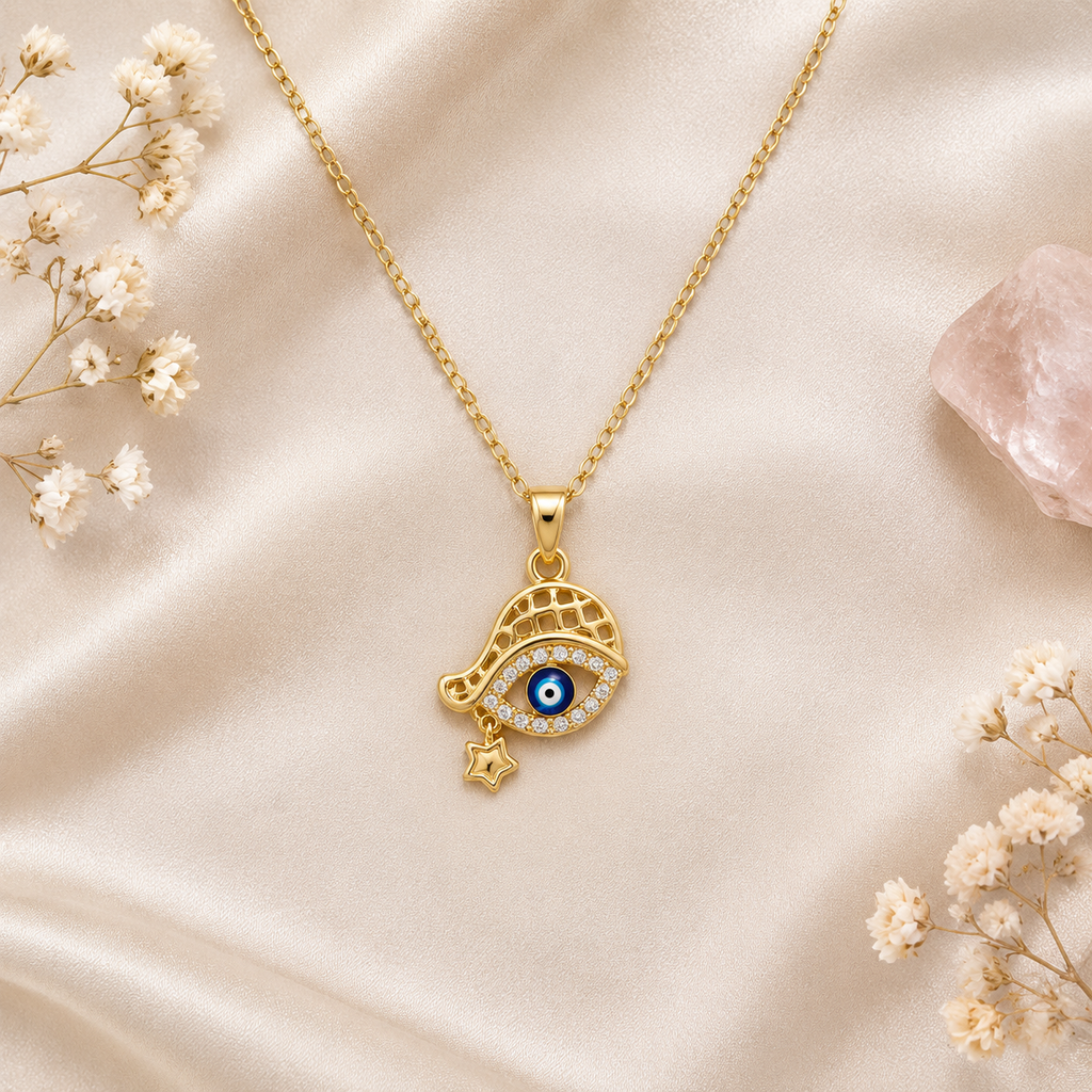 Gold Plated Copper Hamsa Blue Eye Star Necklace - flat lay