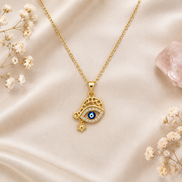 Gold Plated Copper Hamsa Blue Eye Star Necklace - flat lay