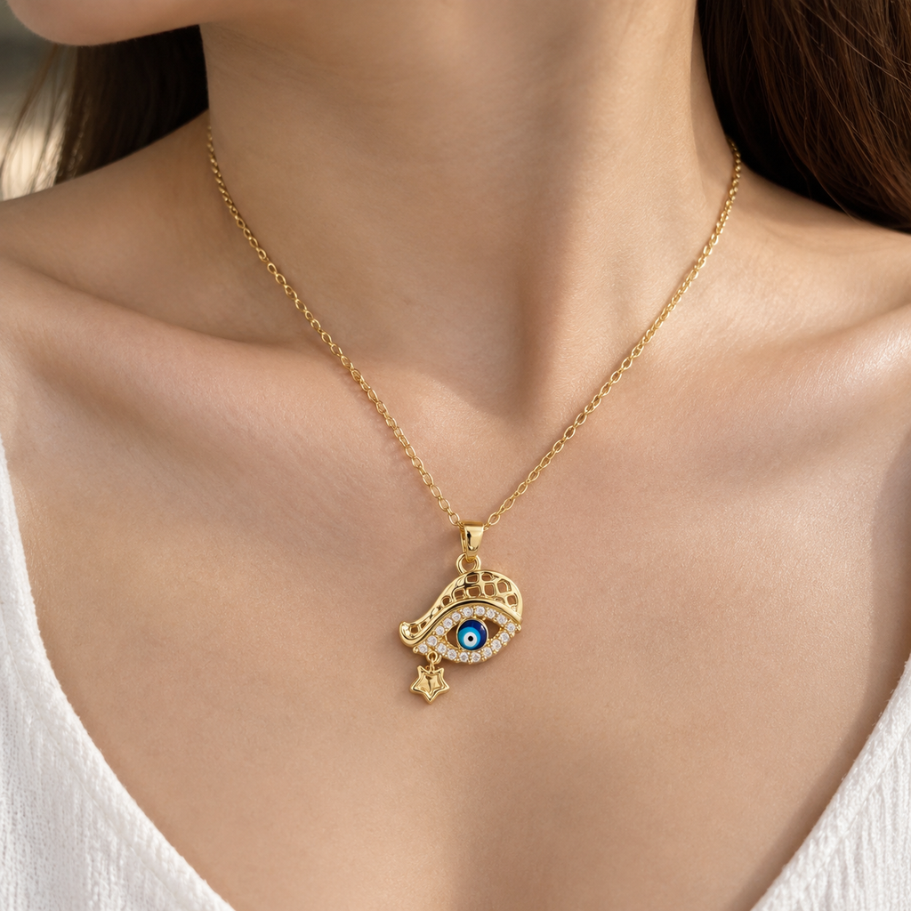 Gold Plated Copper Hamsa Blue Eye Star Necklace - wear closeup