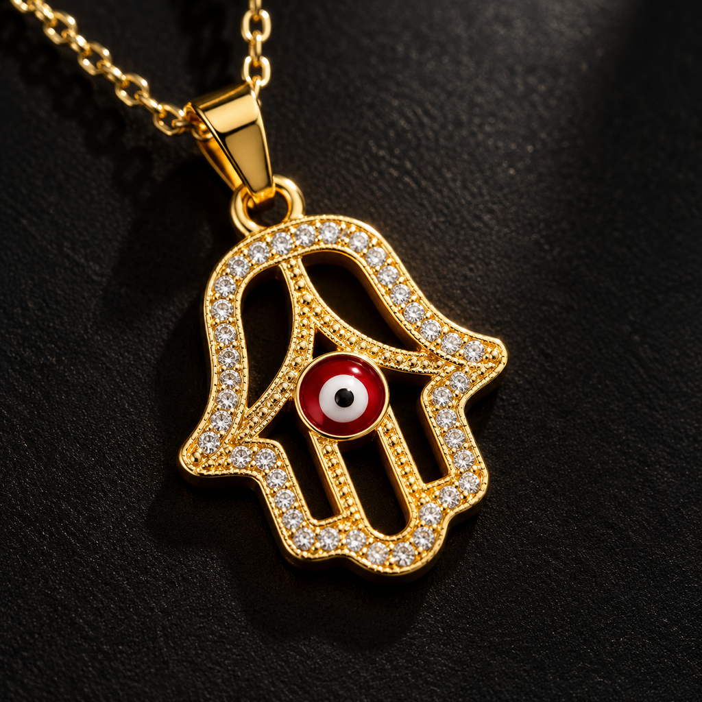 Gold Plated Copper Hamsa Red Evil Eye Necklace - detail 1