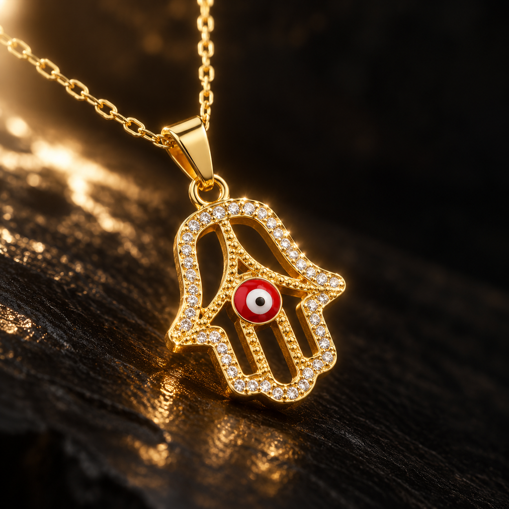 Gold Plated Copper Hamsa Red Evil Eye Necklace - detail 2