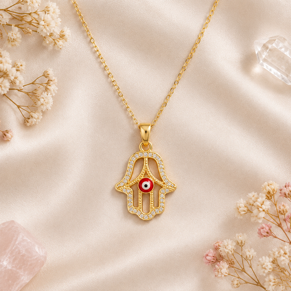 Gold Plated Copper Hamsa Red Evil Eye Necklace - flat lay