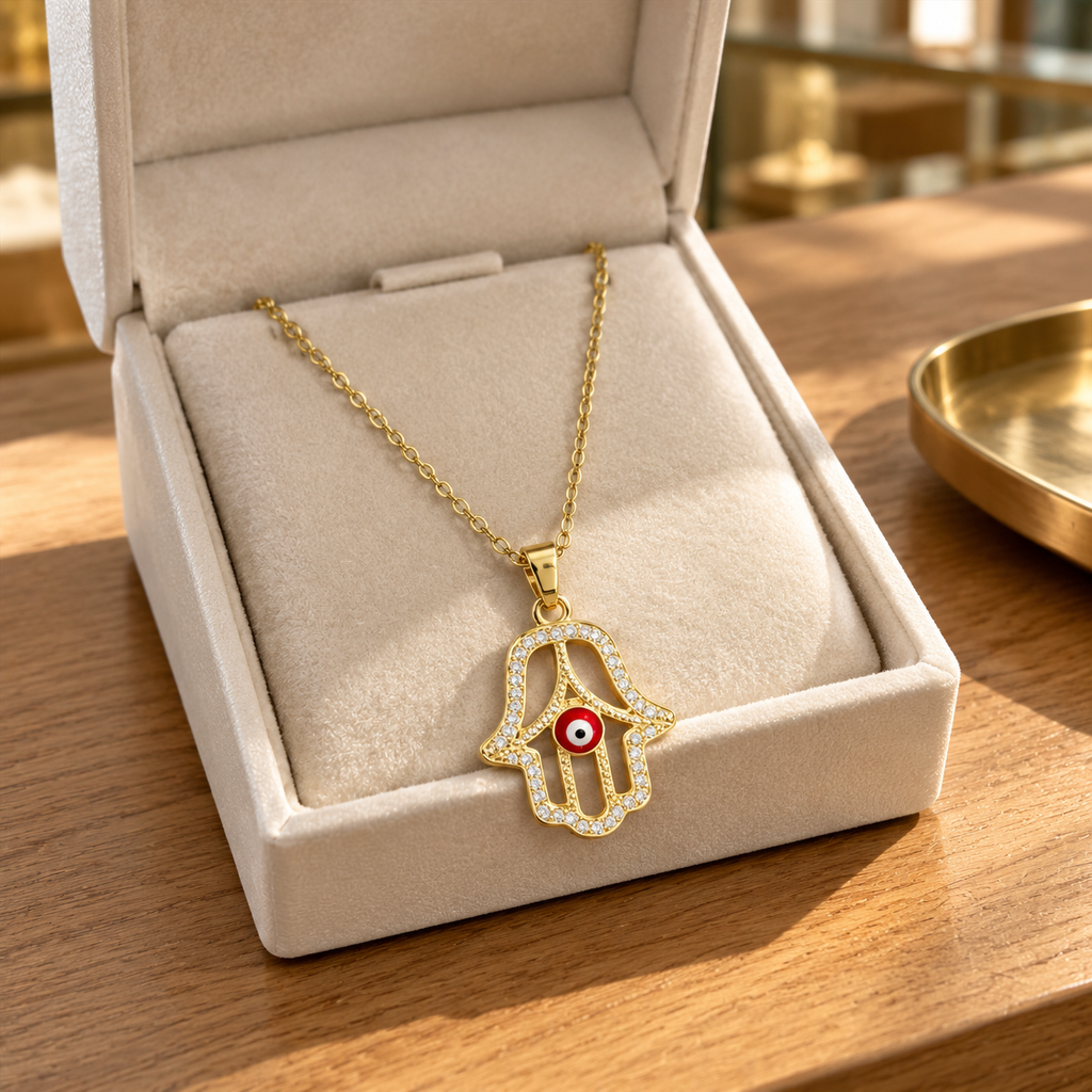 Gold Plated Copper Hamsa Red Evil Eye Necklace - lifestyle