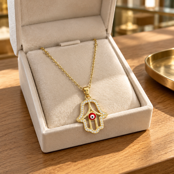 Gold Plated Copper Hamsa Red Evil Eye Necklace - lifestyle