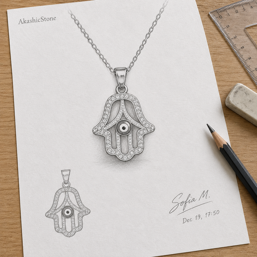 Gold Plated Copper Hamsa Red Evil Eye Necklace - line art