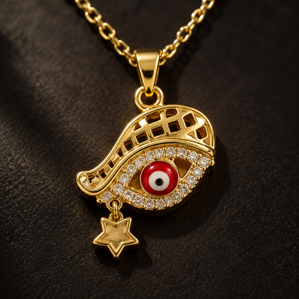 Gold Plated Copper Hamsa Red Eye Star Necklace - detail 1