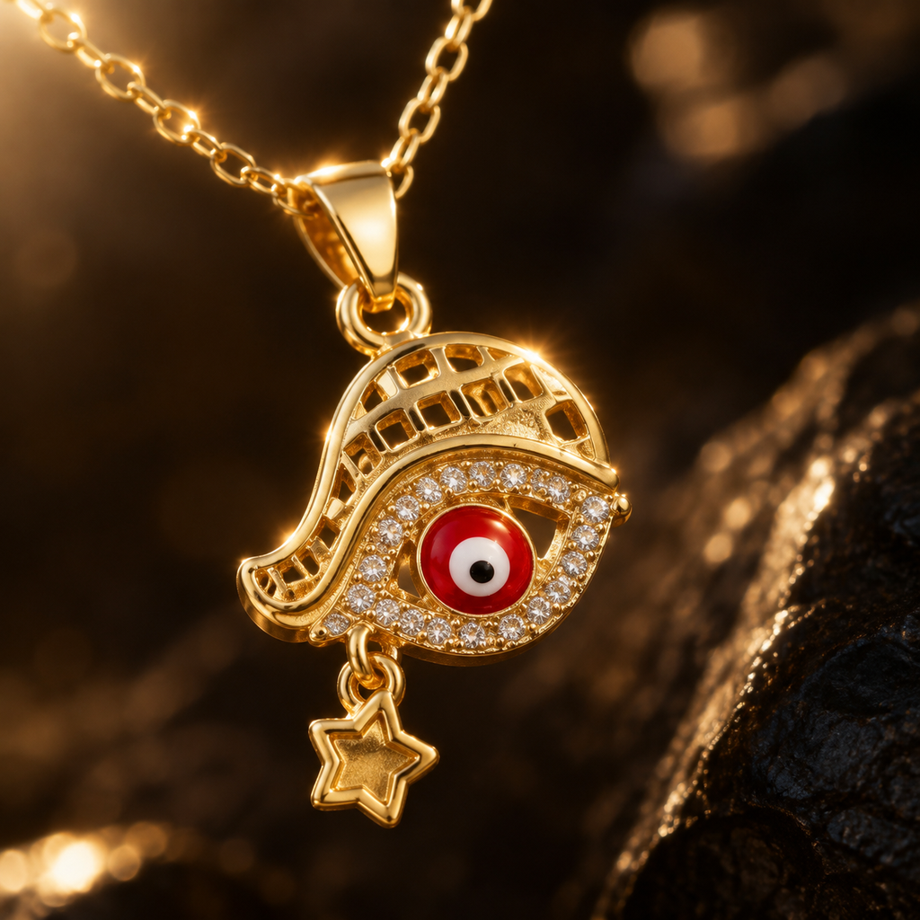 Gold Plated Copper Hamsa Red Eye Star Necklace - detail 2
